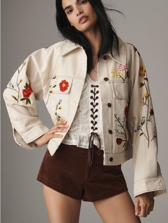 Anthropologie Jackets & Blazers - Anthropologie Cream Embroidered Jean Jacket with Floral Motifs